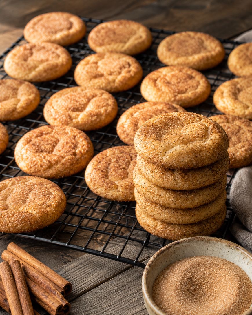 A stack of snickerdoodle cookies sits beside a bowl of cinnamon sugar and several loose cookies on a cooling rack. Cinnamon sticks are nearby, all on a rustic wooden surface.