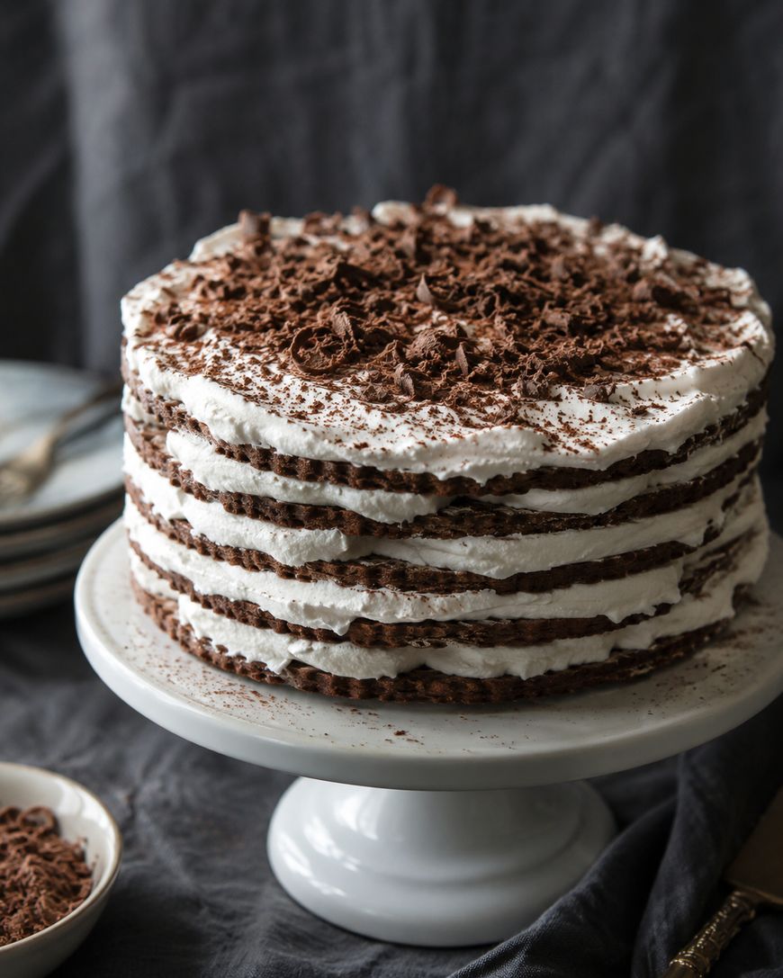A chocolate layer cake with whipped cream frosting and chocolate shavings on top, displayed on a white cake stand against a dark background.