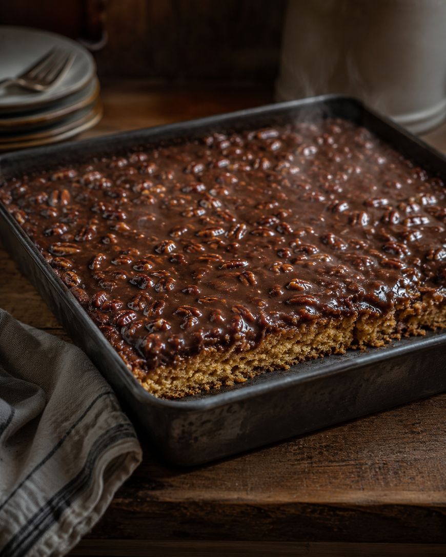 A square pan filled with a freshly-baked cake topped with a glossy, nutty chocolate glaze. A portion of the cake has been cut out, revealing its golden brown interior. The pan rests on a rustic wooden surface.