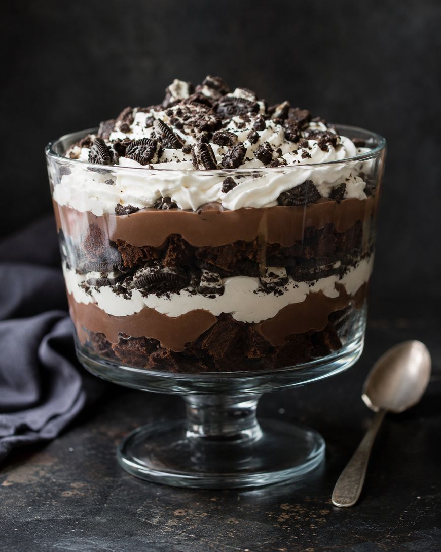 A glass trifle dish filled with layered chocolate pudding, whipped cream, brownie pieces, and crushed Oreo cookies, sitting on a dark surface beside a spoon and a folded napkin.