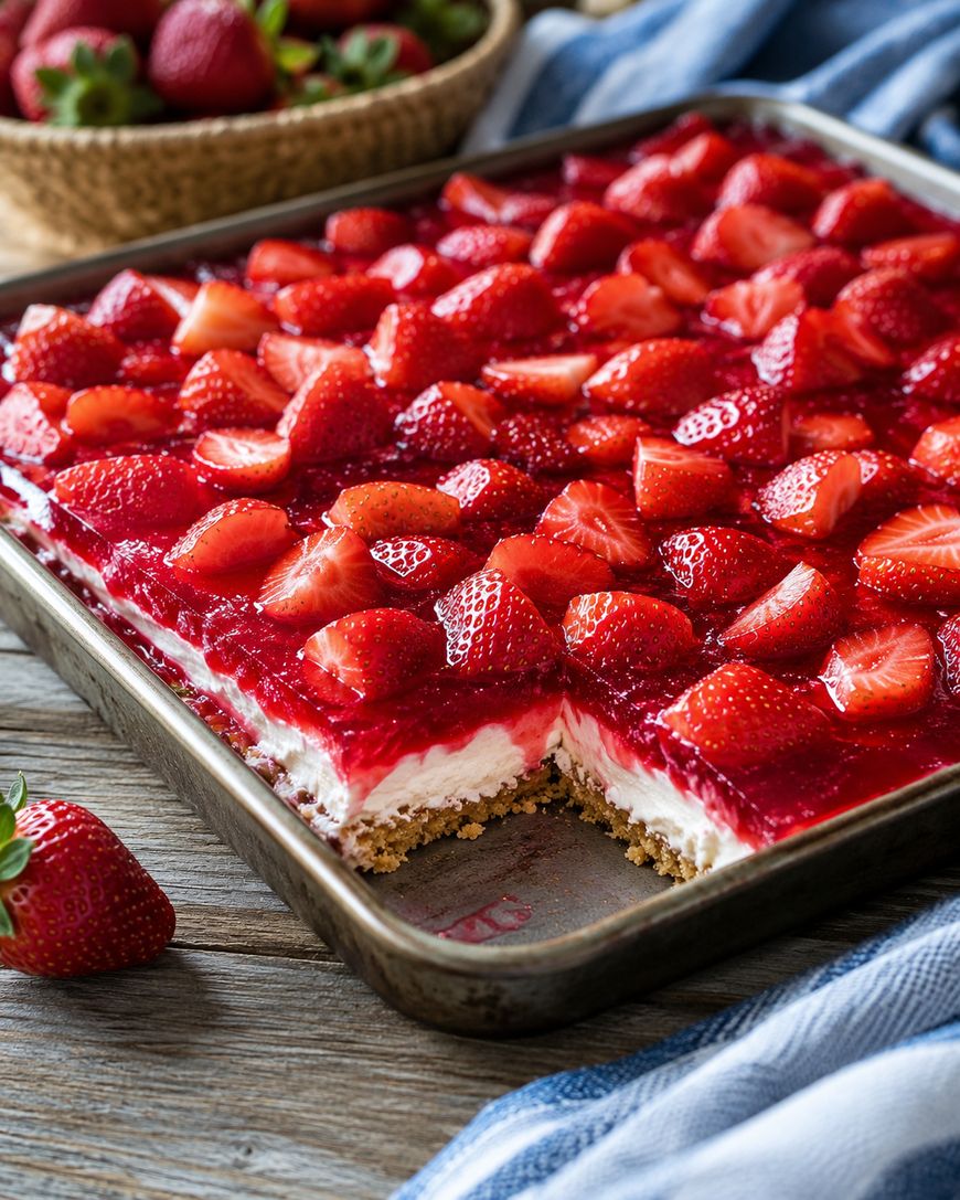 A sheet pan of strawberry pretzel salad, featuring layers of pretzels, creamy filling, strawberry gelatin, and fresh strawberry halves, with a square slice missing and berries on the table nearby.