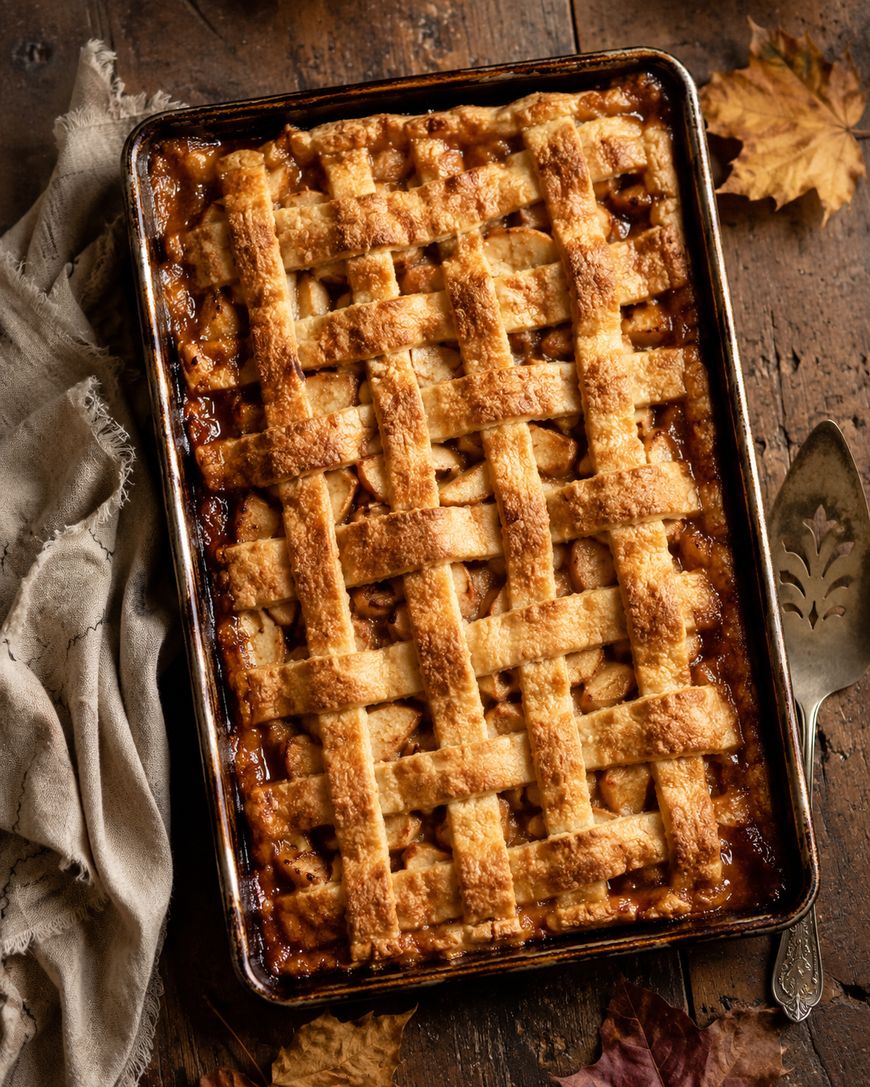 A rectangular apple pie with a golden, latticed crust sits on a rustic wooden table beside a pie server, a beige cloth, and dried autumn leaves.
