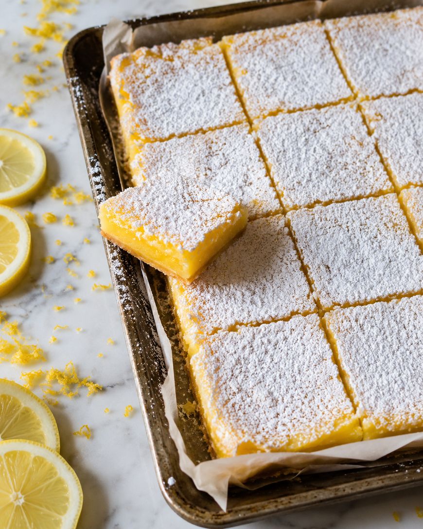 A tray of lemon bars dusted with powdered sugar, cut into squares. One bar is slightly lifted. Slices of fresh lemon and lemon zest are scattered on the marble surface nearby.