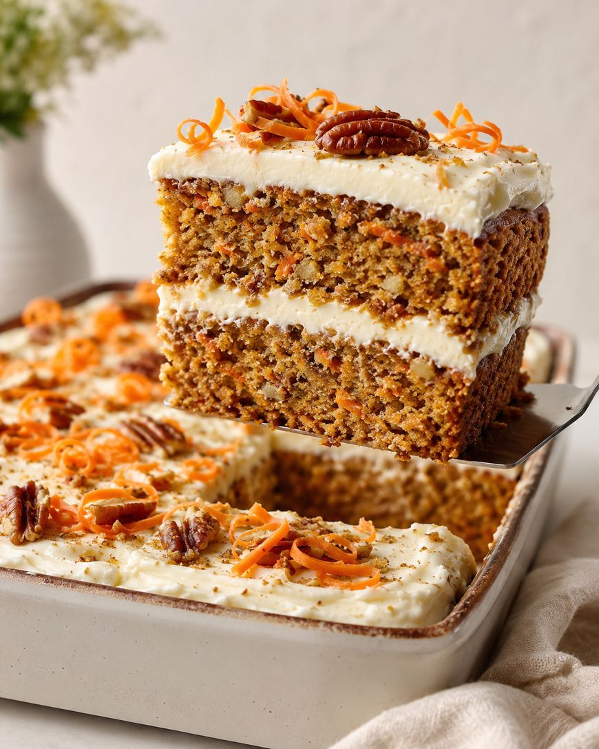 A close-up of a thick slice of carrot cake with cream cheese frosting, topped with pecans and carrot curls, being lifted from a baking dish. The cake appears moist, with grated carrot visible inside.