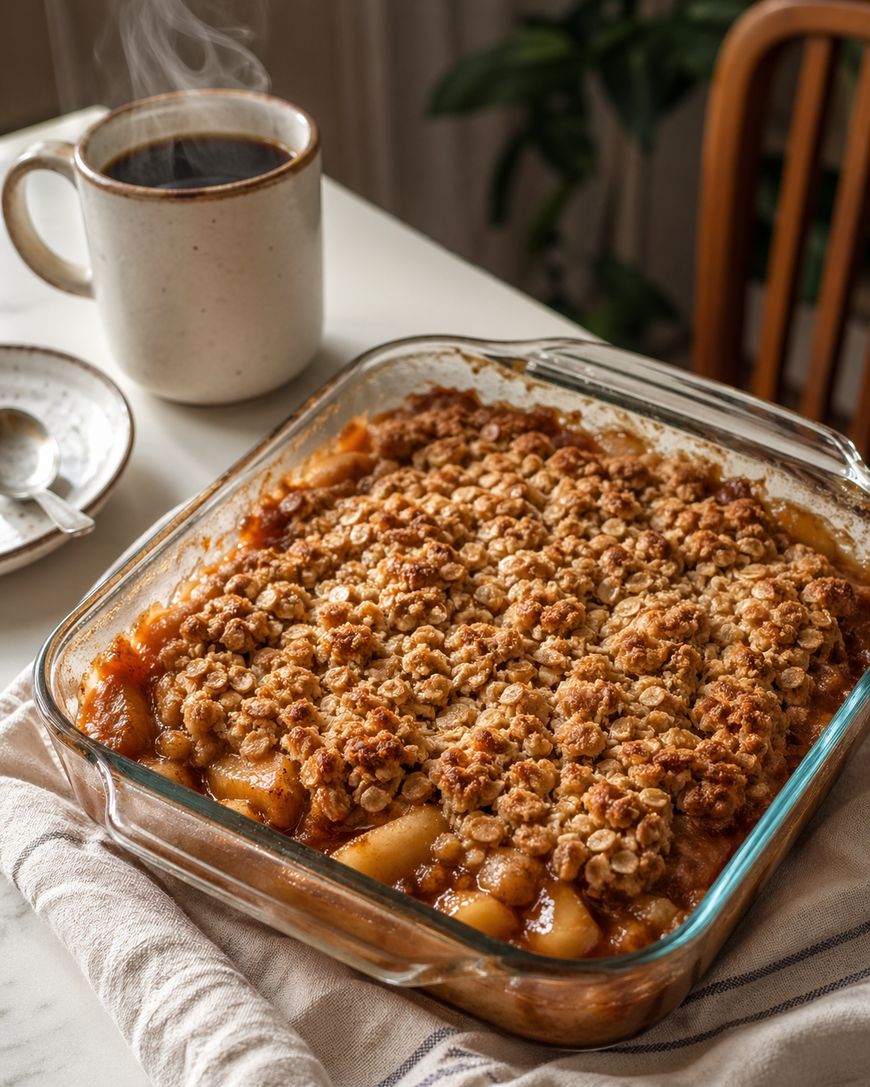 A glass baking dish filled with apple crisp, topped with a crumbly oat layer, sits on a striped cloth next to a steaming mug of coffee on a table with a plate and spoon nearby.