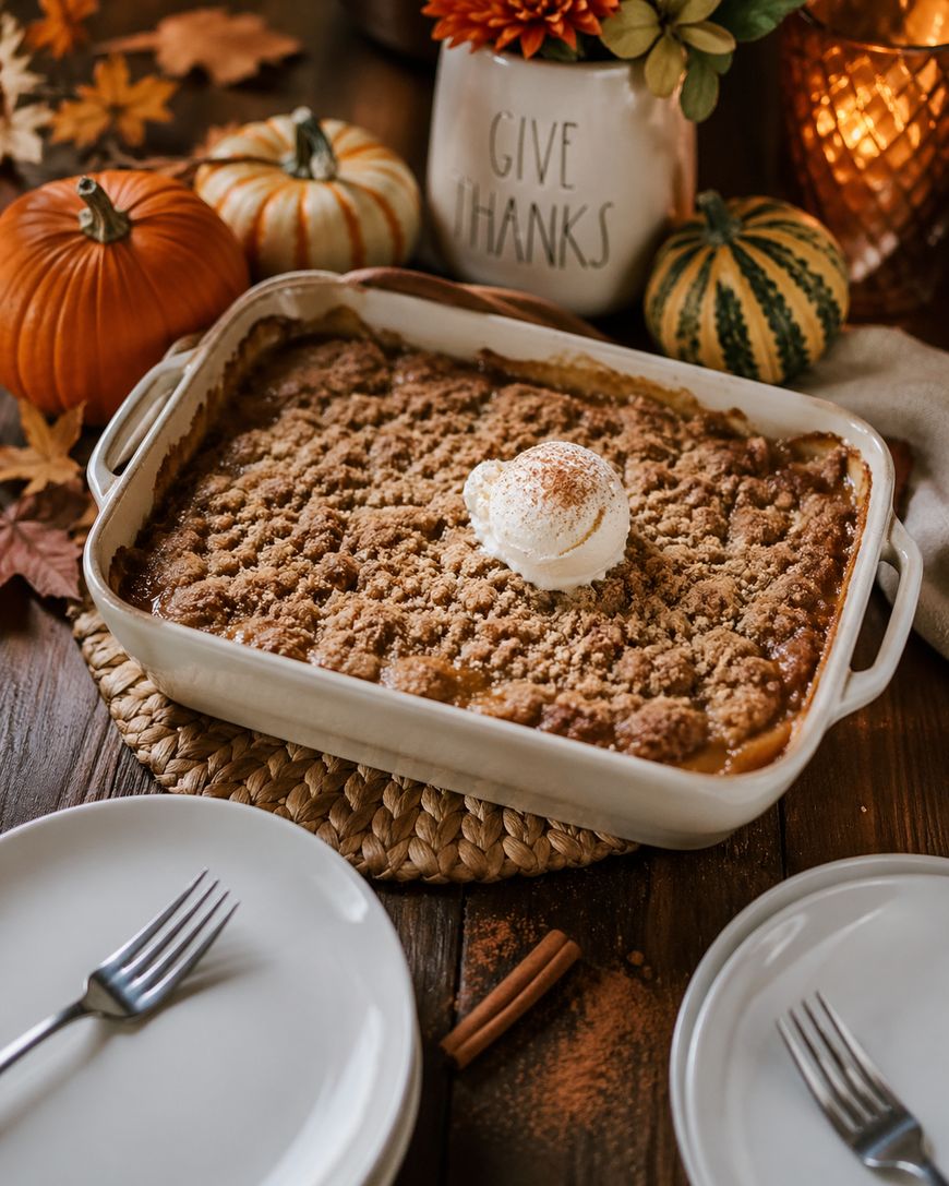 A baked pumpkin dessert topped with a scoop of whipped cream sits in a white dish on a wooden table decorated with pumpkins, fall leaves, and a Give Thanks vase, with two plates and forks nearby.