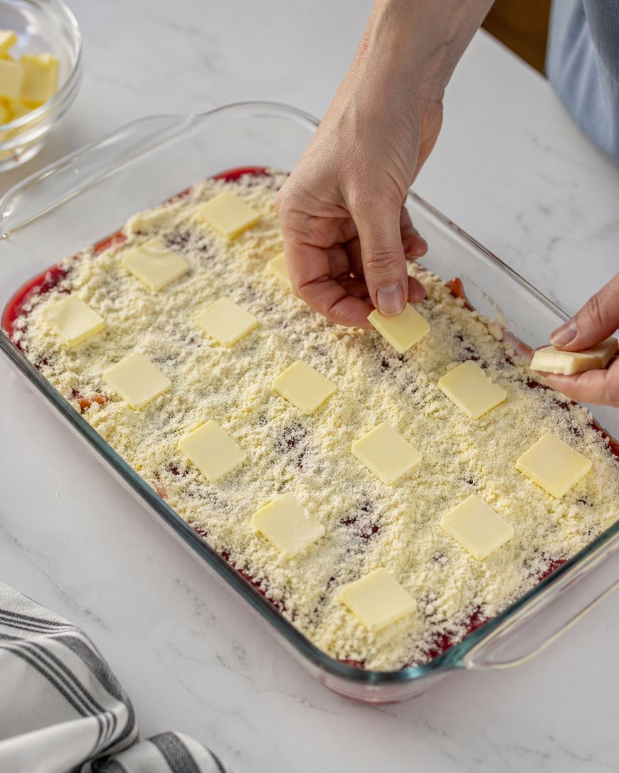 A hand places slices of butter on top of a crumbly, unbaked dessert in a glass baking dish filled with a red fruit mixture. The dish sits on a white countertop next to a striped towel.