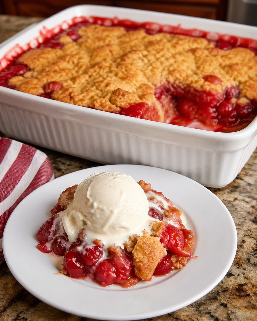 A serving of cherry cobbler topped with vanilla ice cream sits on a white plate in front of a baking dish filled with more cherry cobbler. A red and white striped towel is beside the plate on a granite countertop.