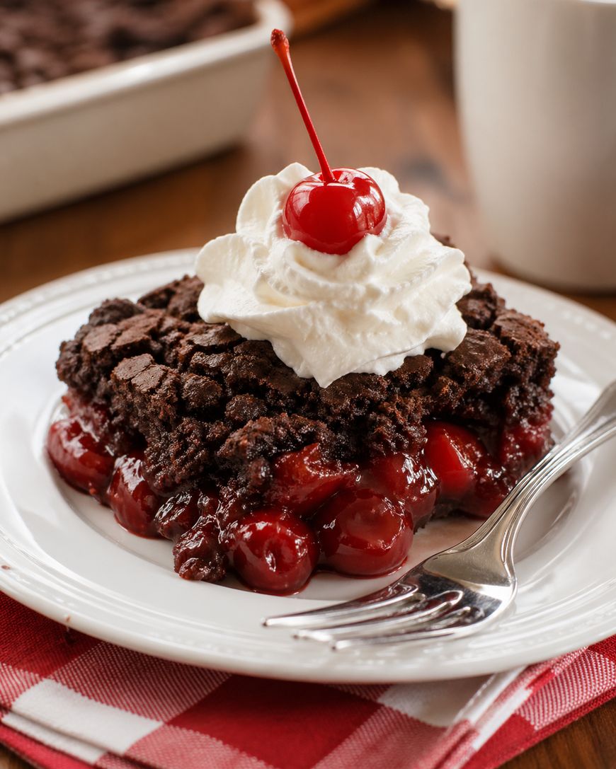 A slice of chocolate cherry dessert on a white plate, topped with whipped cream and a cherry, with a fork on the side. The dessert sits on a red-patterned napkin.
