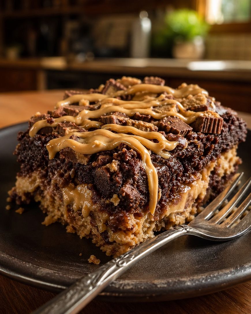 A close-up of a decadent layered chocolate and peanut butter dessert bar, topped with peanut butter drizzle and Reese’s peanut butter cup pieces, served on a dark plate with a fork.