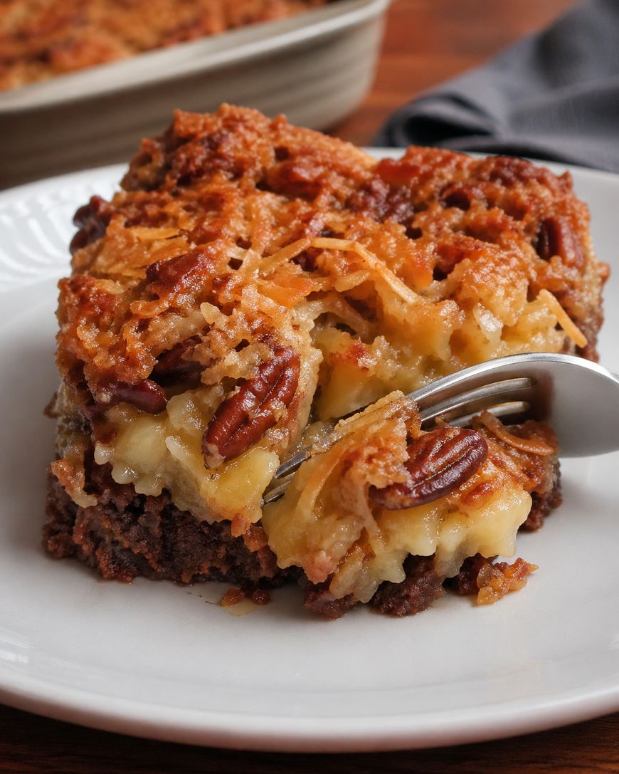 A fork cutting into a gooey slice of pecan pie dessert bar with a coconut and pecan topping on a white plate, showing a rich, moist filling and crispy golden crust.