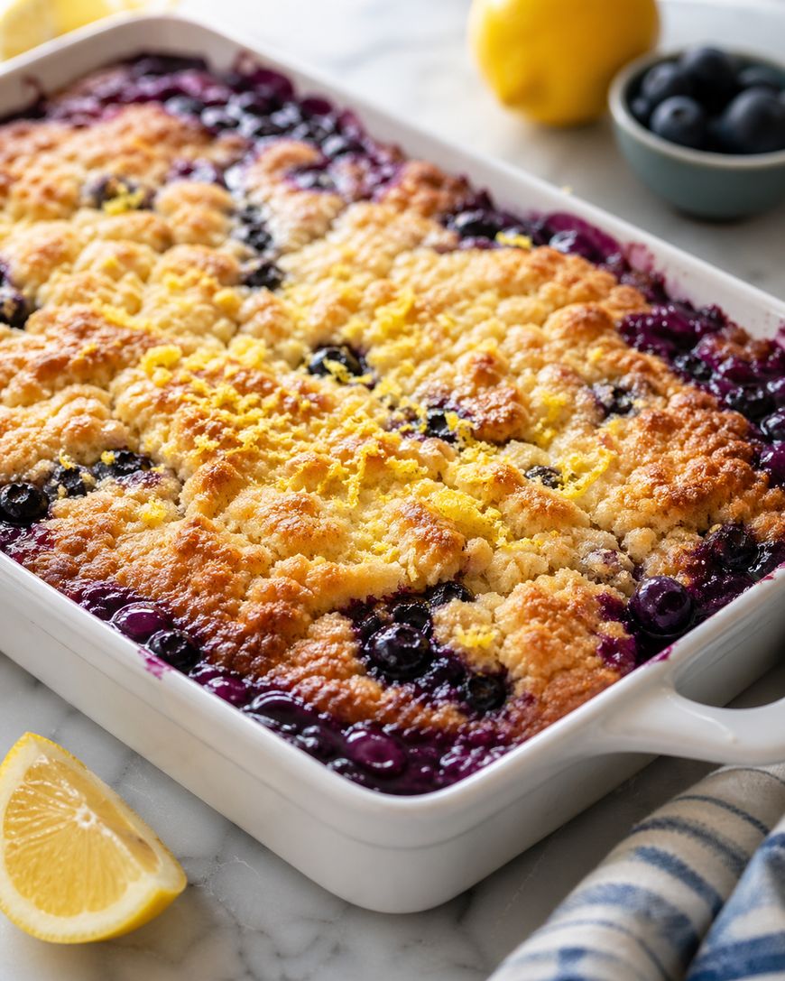 A baked blueberry cobbler with a golden, crumbly topping in a white rectangular dish. Fresh blueberries and lemons are nearby, with a blue striped towel and lemon wedges beside the dish on a marble surface.