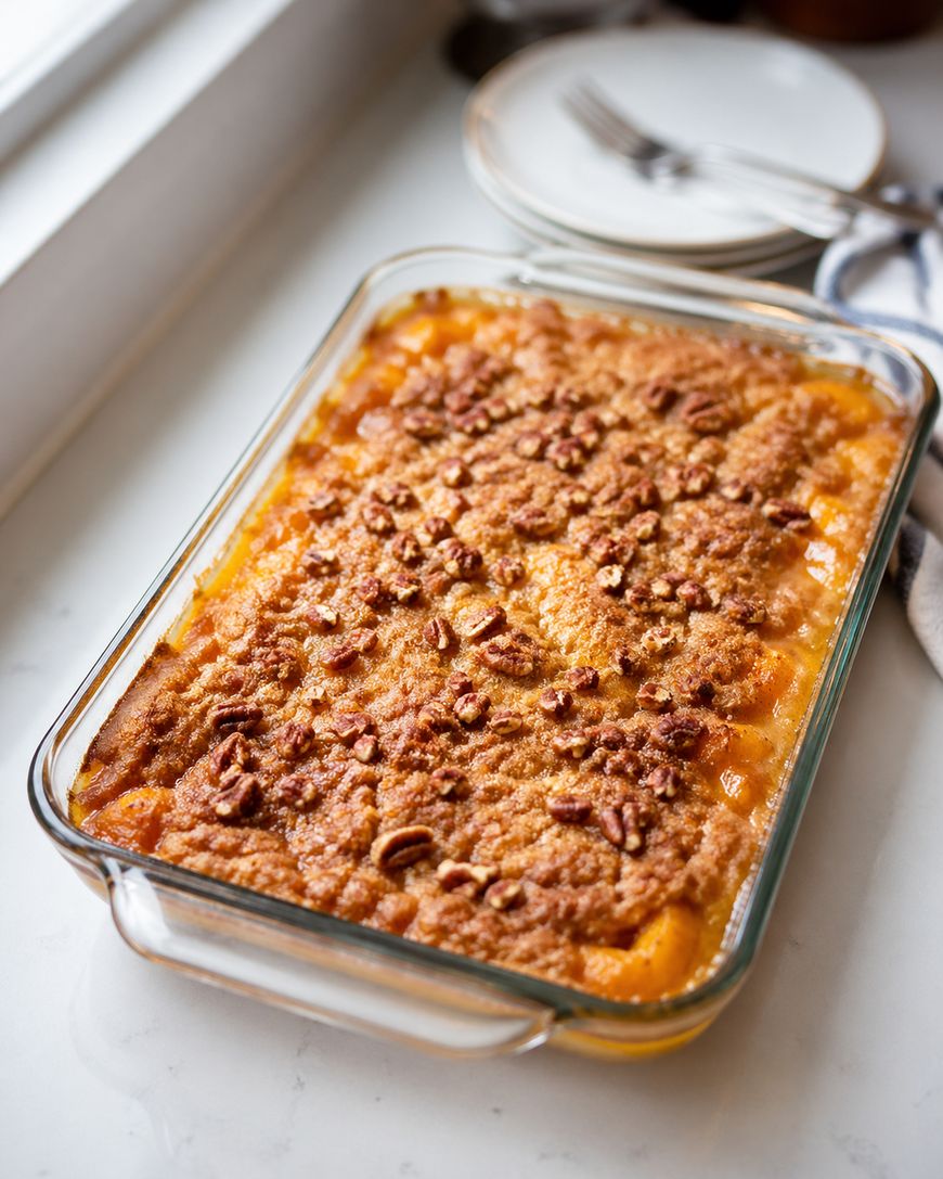 A glass baking dish filled with a golden-brown peach cobbler topped with a crumbly cinnamon and pecan streusel, sitting on a white countertop near stacked plates and silverware.