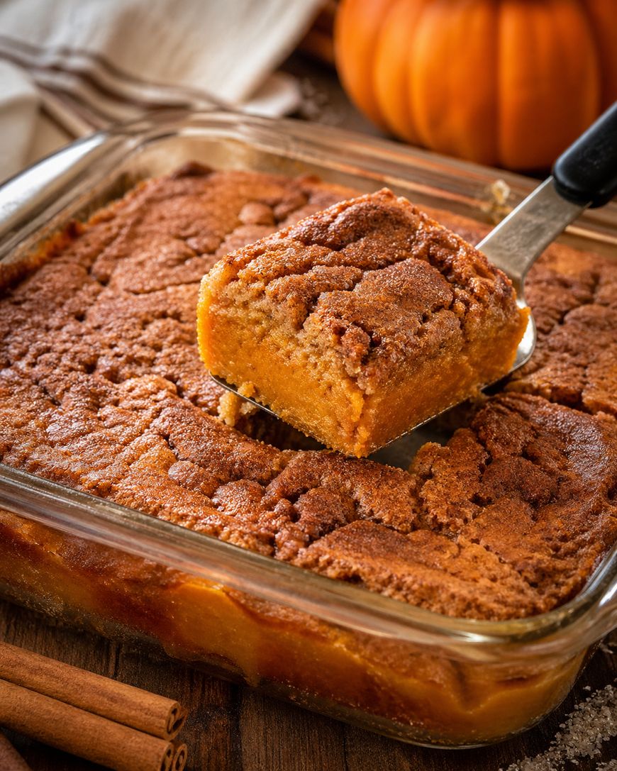 A close-up of a glass baking dish filled with moist pumpkin cake. A metal spatula lifts a square piece out, showing its soft, spiced interior. A pumpkin and cinnamon sticks are in the background.