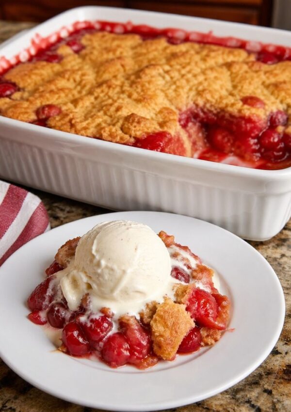 A slice of cherry cobbler topped with vanilla ice cream sits on a plate, with a large baking dish of cherry cobbler in the background—one of the most amazing desserts and a must-try for fans of easy desserts and dump cake recipes.