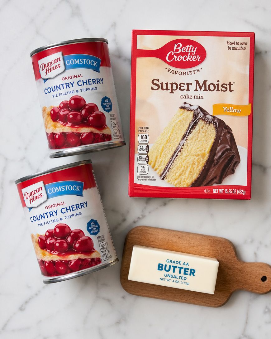 Two cans of Duncan Hines cherry pie filling, a box of Betty Crocker Super Moist yellow cake mix, and a stick of unsalted butter on a small wooden board are arranged on a light surface.