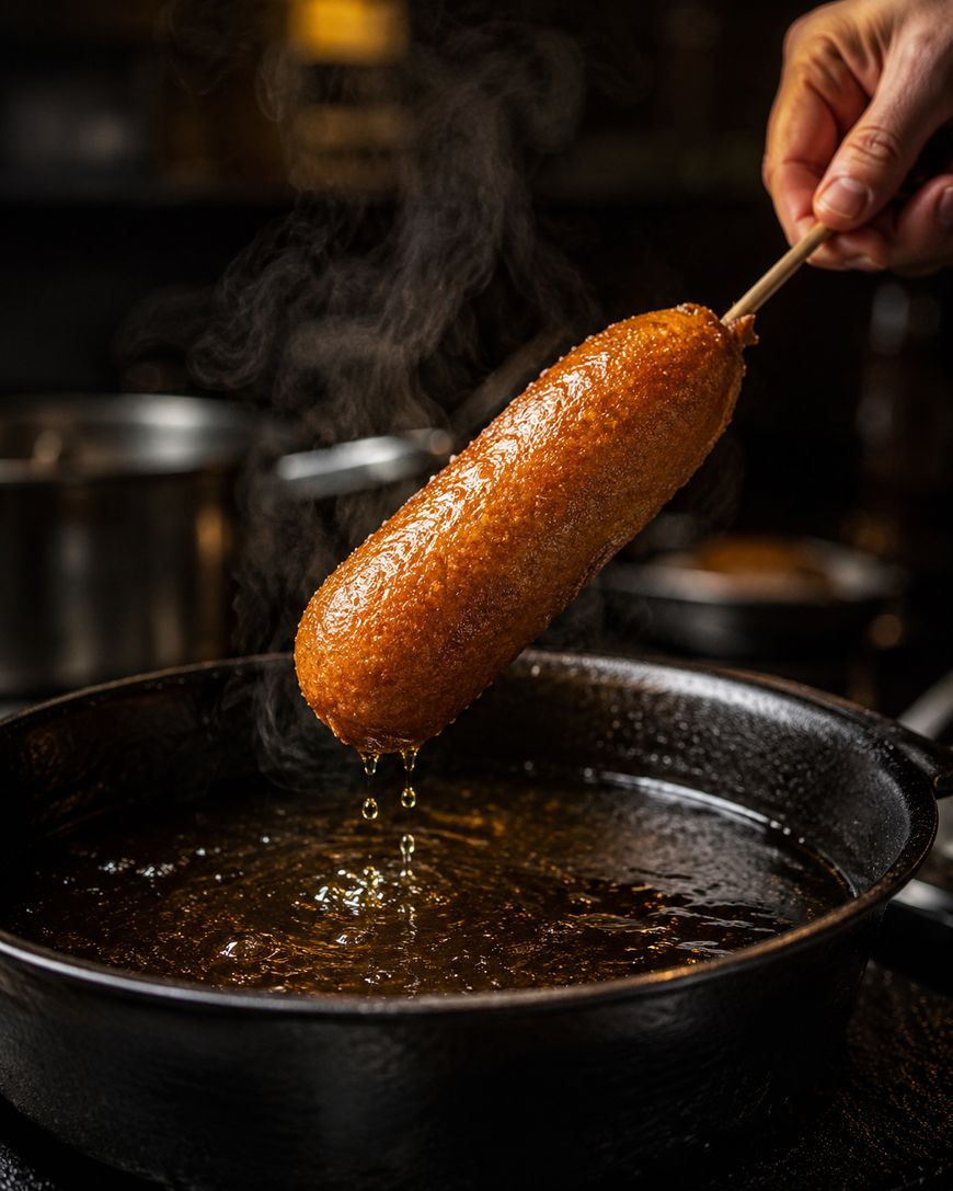 A hand holds a freshly fried corn dog on a stick above a cast iron pan, with oil dripping from the golden, crispy coating and steam rising in the warm kitchen.