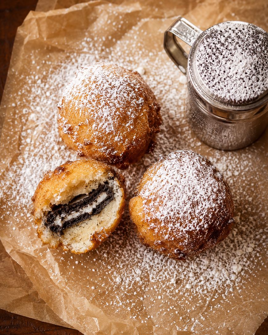 Three deep-fried treats dusted with powdered sugar sit on brown parchment; one is cut open, revealing a sandwich cookie inside. A metal sifter filled with powdered sugar is beside the desserts.