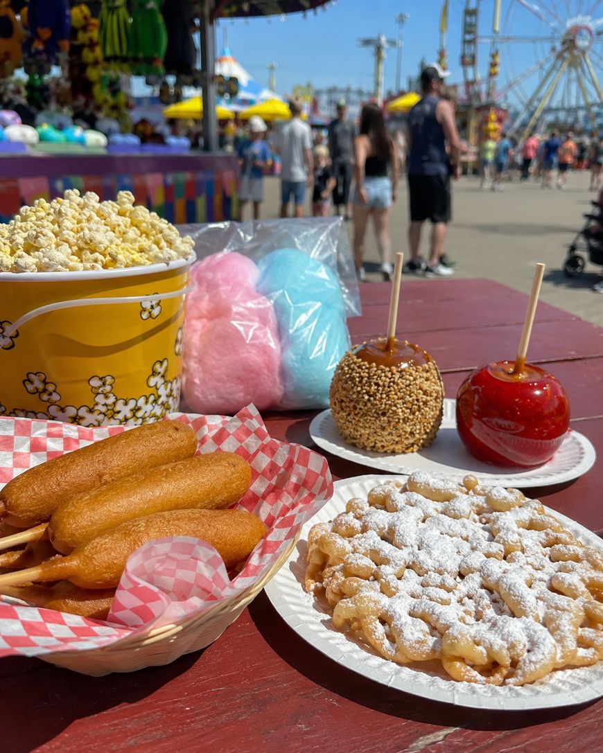 A picnic table at a fair displaying corn dogs, a bucket of popcorn, pink and blue cotton candy, two candy apples, and a powdered sugar-topped funnel cake. Colorful carnival rides and people are visible in the background.