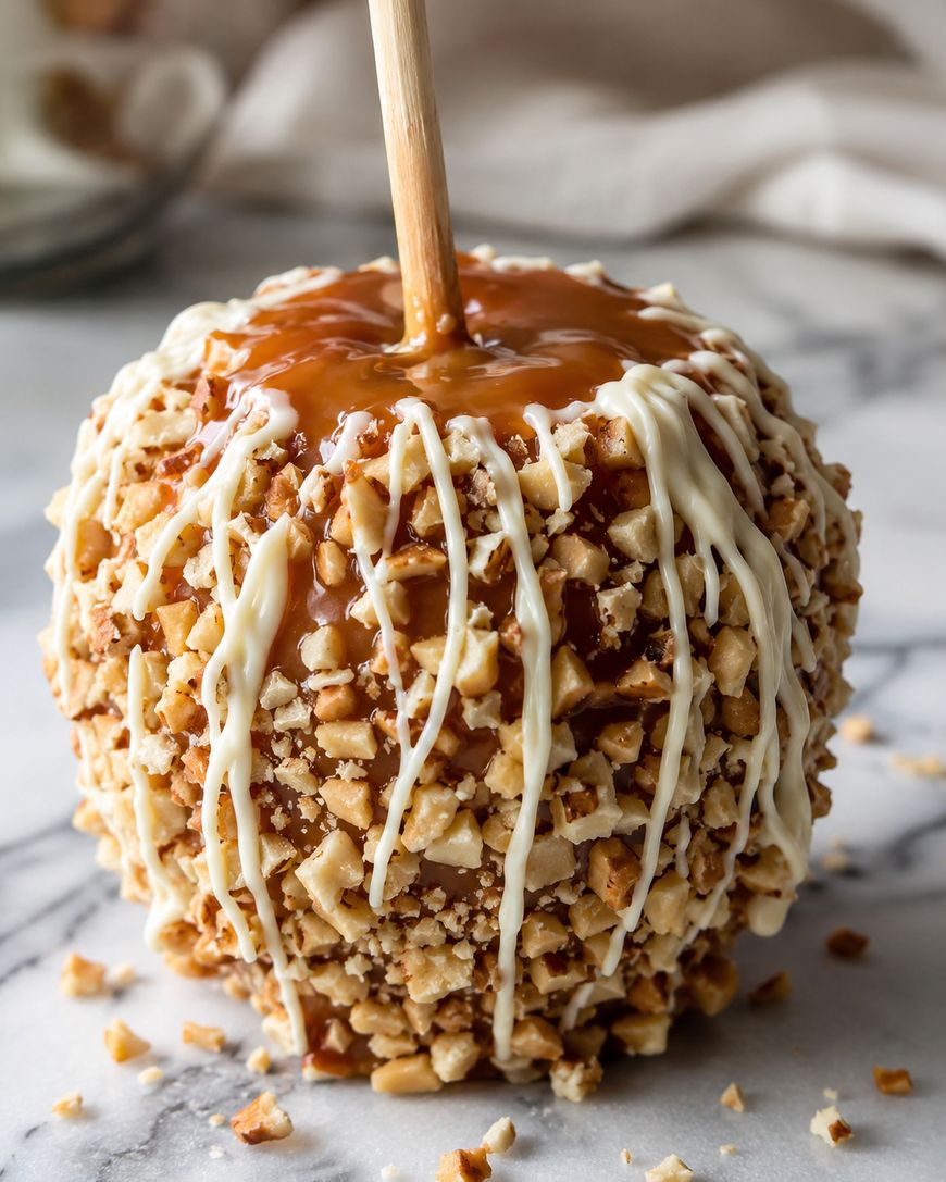 A caramel apple coated with chopped nuts and drizzled with white chocolate, sitting on a marble surface with a wooden stick inserted on top.
