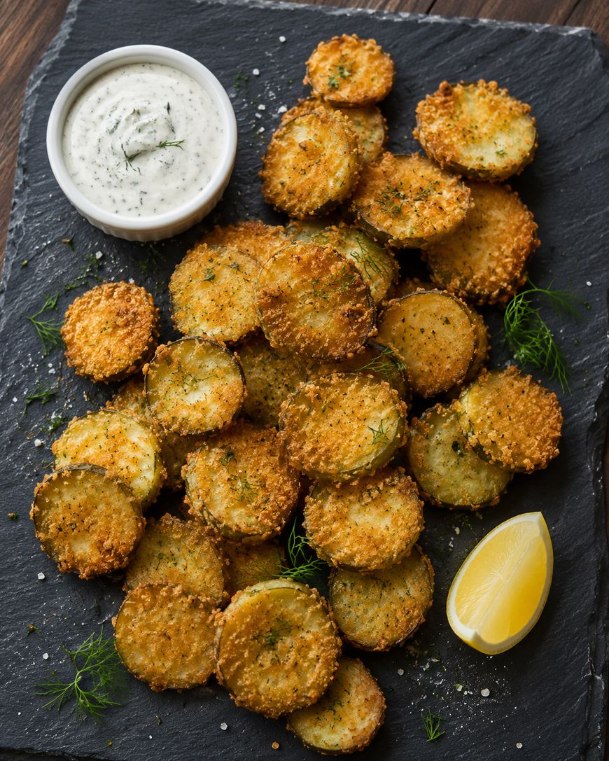 A slate platter with a pile of crispy fried sliced pickles, sprinkled with herbs, served with a small bowl of creamy dill dipping sauce and a lemon wedge.
