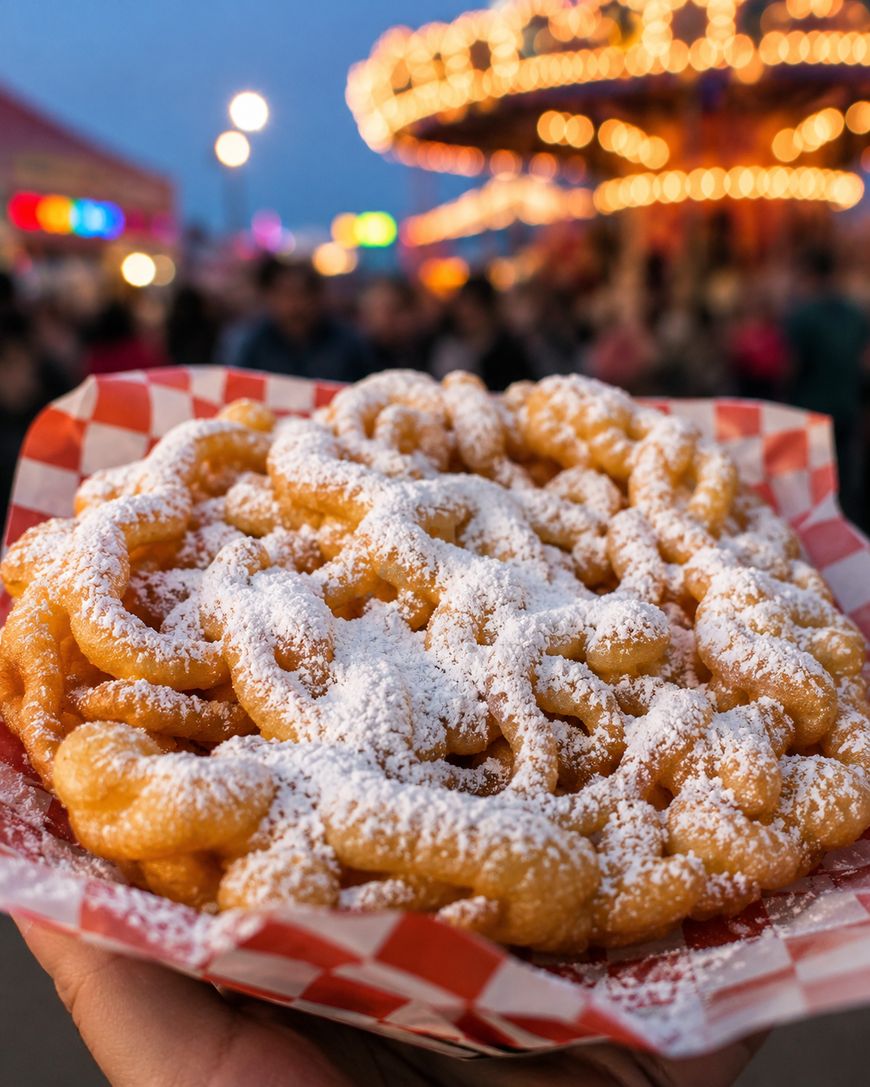 A hand holds a paper tray with a powdered sugar-dusted funnel cake at a fair, with bright lights and a blurred carousel in the background.