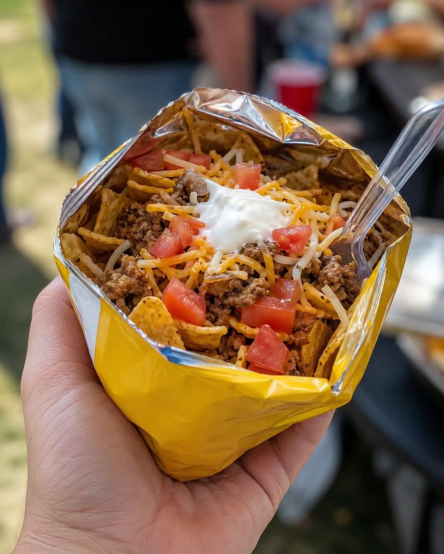 A hand holds an open yellow chip bag filled with taco ingredients, including ground beef, shredded cheese, chopped tomatoes, and a dollop of sour cream, with a fork inside.