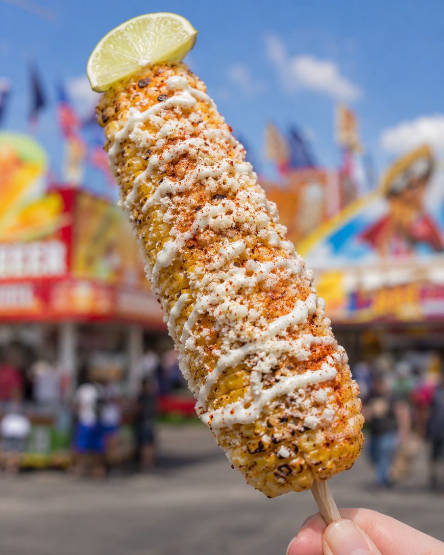 A hand holds a grilled corn on the cob topped with mayonnaise, cheese, chili powder, and a lime wedge, with a colorful fairground in the blurred background.