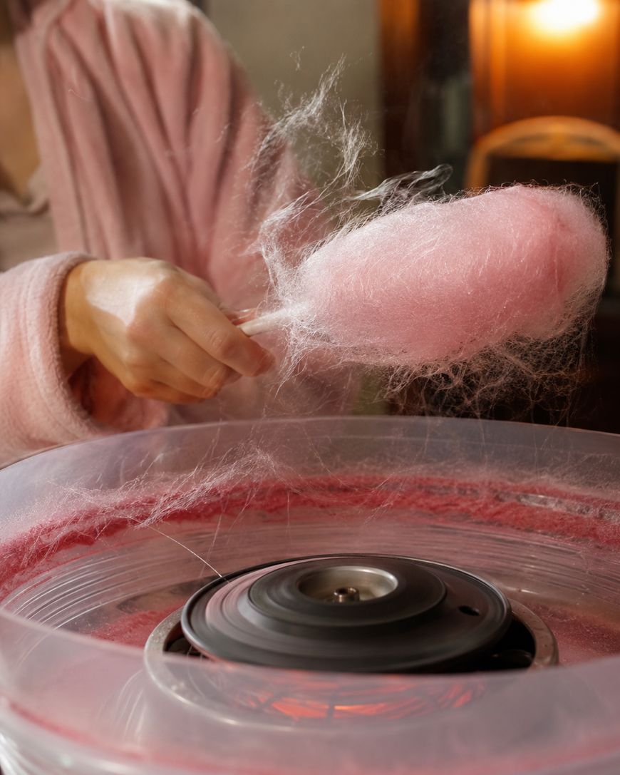 A person in a pink robe spins pink cotton candy around a stick using a cotton candy machine, with soft light in the background.