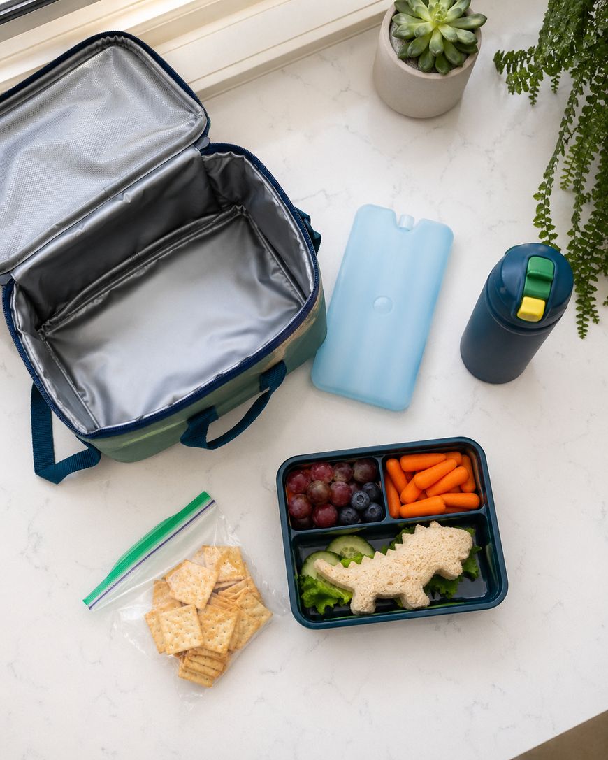 A lunchbox with compartments holds grapes, blueberries, baby carrots, broccoli, and a dinosaur-shaped sandwich. Nearby are crackers in a plastic bag, a water bottle, an ice pack, and an open insulated lunch bag on a white surface.