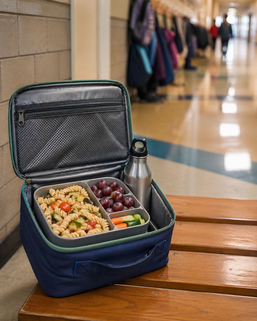 A blue lunchbox with pasta, grapes, and cut vegetables sits open on a wooden bench in a school hallway. A metal water bottle is next to the lunchbox; coats hang on hooks along the wall in the background.