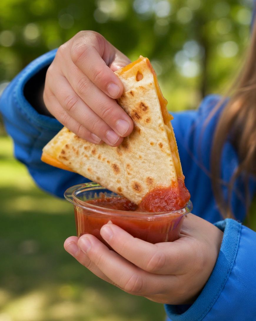A child’s hands dip a triangular quesadilla slice into a small clear cup of red salsa, outdoors with greenery blurred in the background.