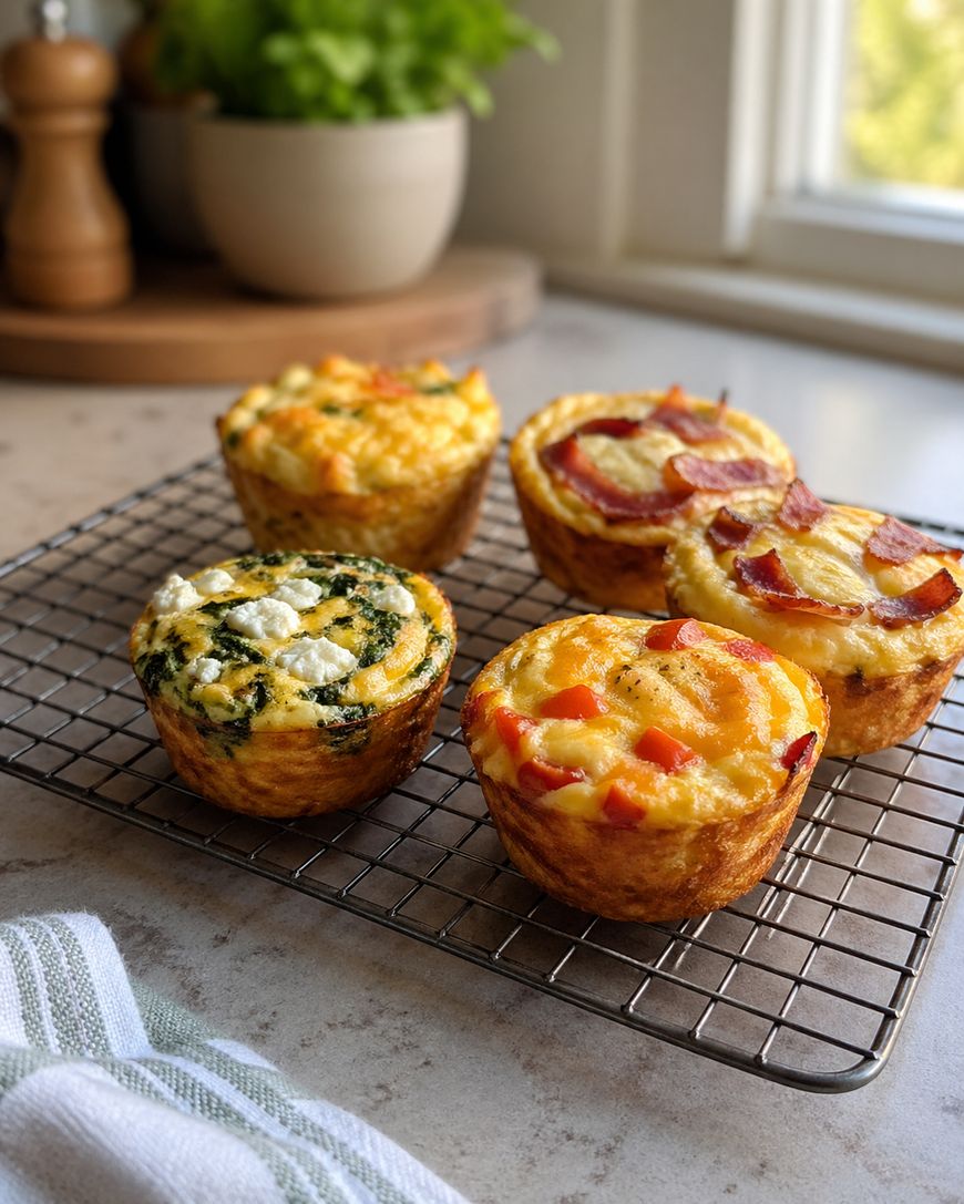 Five egg muffins with various toppings, including spinach, cheese, peppers, and bacon, cooling on a wire rack on a kitchen counter. A potted plant and salt and pepper shakers are in the background by a window.