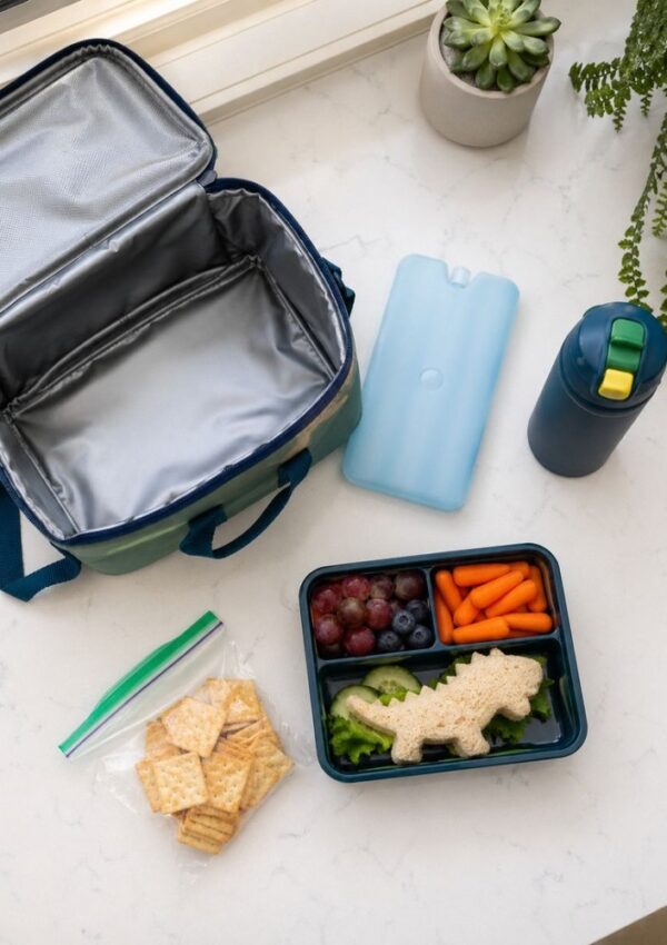 A lunchbox set on a white counter with grapes, blueberries, carrots, broccoli, and a dinosaur-shaped sandwich—perfect for kids lunches or field trip lunch ideas—plus crackers in a bag, blue ice pack, water bottle, lunch bag, succulent and fern.