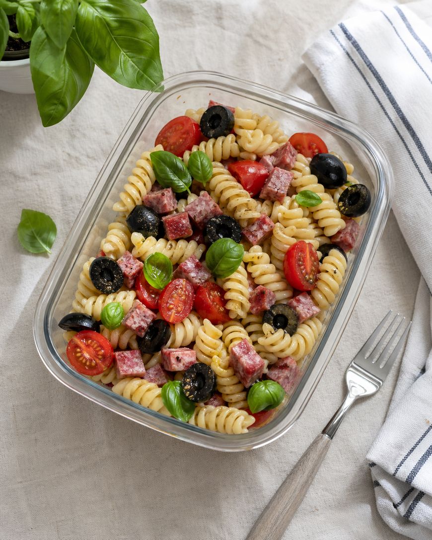 Glass dish filled with rotini pasta salad mixed with cherry tomatoes, black olives, cubed salami, and fresh basil leaves. A fork, striped napkin, and basil plant are nearby on a light tablecloth.