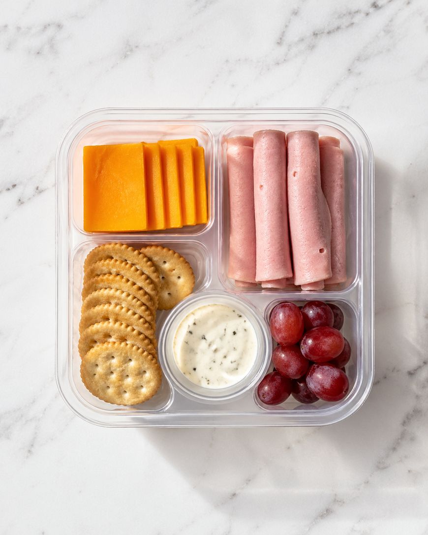 A divided plastic lunch tray with cheddar cheese slices, rolled ham, round crackers, ranch dip, and red grapes on a white marble surface.