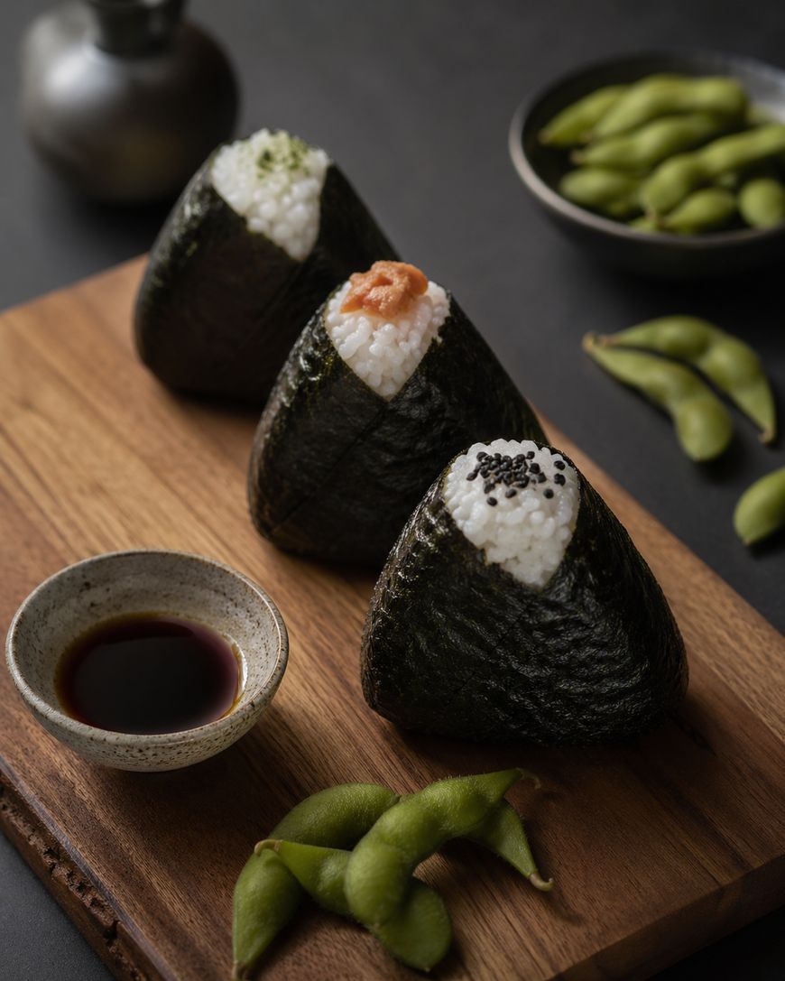 Three onigiri rice balls wrapped in seaweed are arranged on a wooden board, each with a different topping. A small dish of soy sauce and some edamame beans are placed nearby on a dark surface.