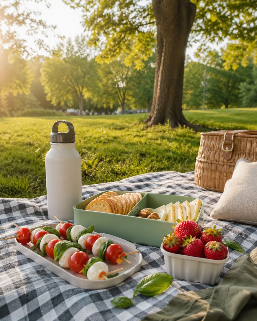 A picnic setup on a checkered blanket features a water bottle, crackers with cheese, fresh strawberries, vegetable skewers, a basket, and a pillow, with green trees and sunlight in the background.