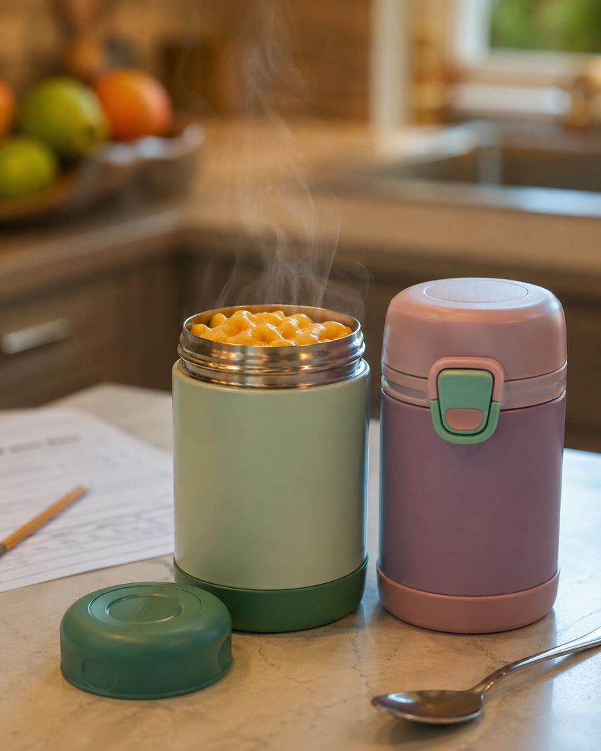 A steaming thermos filled with macaroni and cheese sits on a kitchen counter next to its lid, a spoon, and a closed purple thermos. A bowl of fruit and paperwork are in the background.