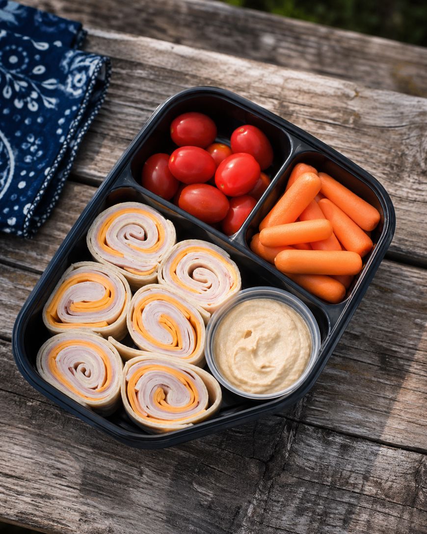 A lunchbox with turkey and cheese pinwheel wraps, cherry tomatoes, baby carrots, and a small container of hummus, placed on a wooden surface next to a blue patterned napkin.