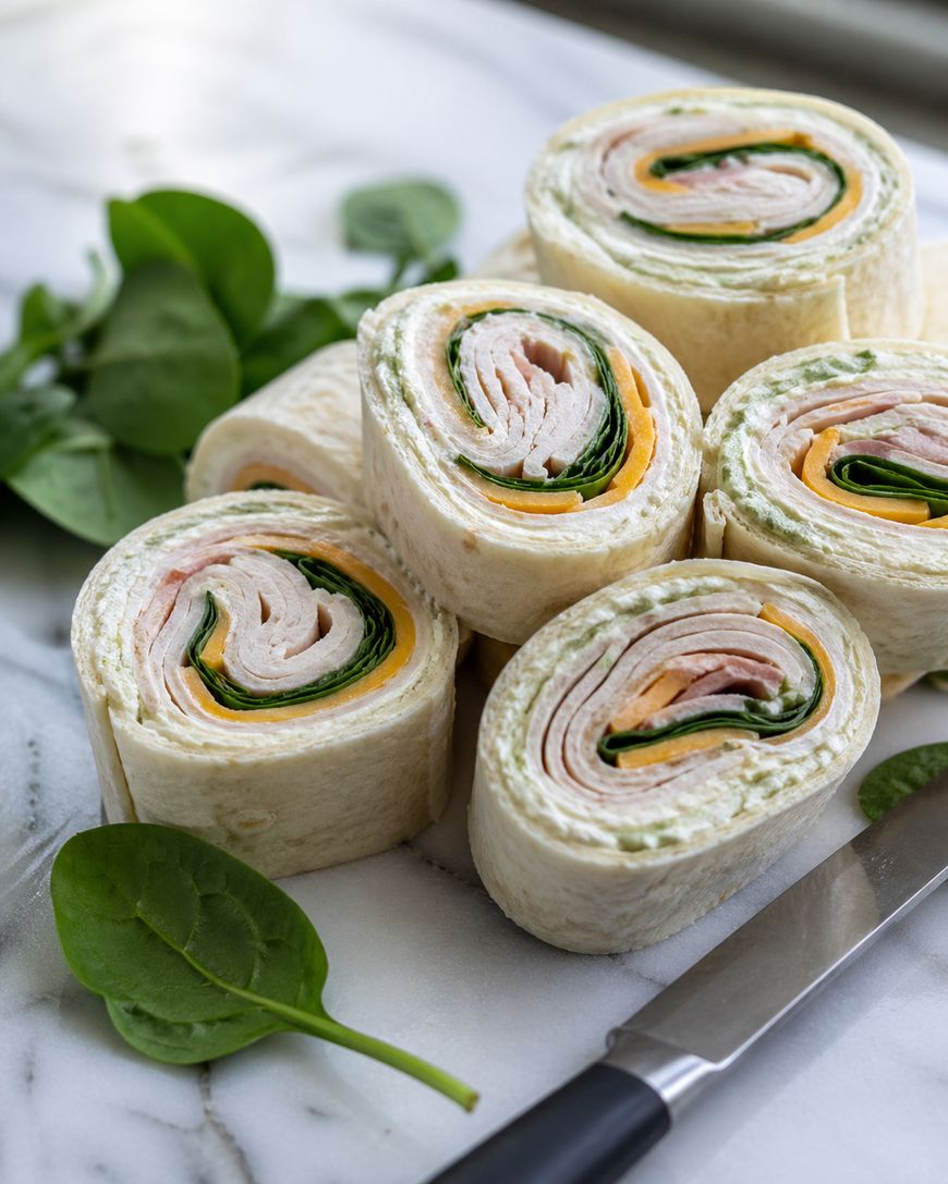 Turkey, cheddar cheese, and spinach pinwheel wraps stacked on a marble surface with fresh spinach leaves and a knife placed beside them.