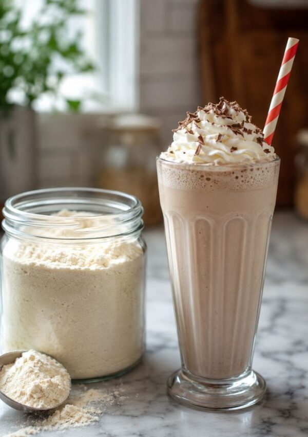 A tall glass of homemade milkshake topped with whipped cream and chocolate shavings sits beside a jar of protein powder on a marble countertop—perfect if you’re curious how to make Five Guys milkshake at home.