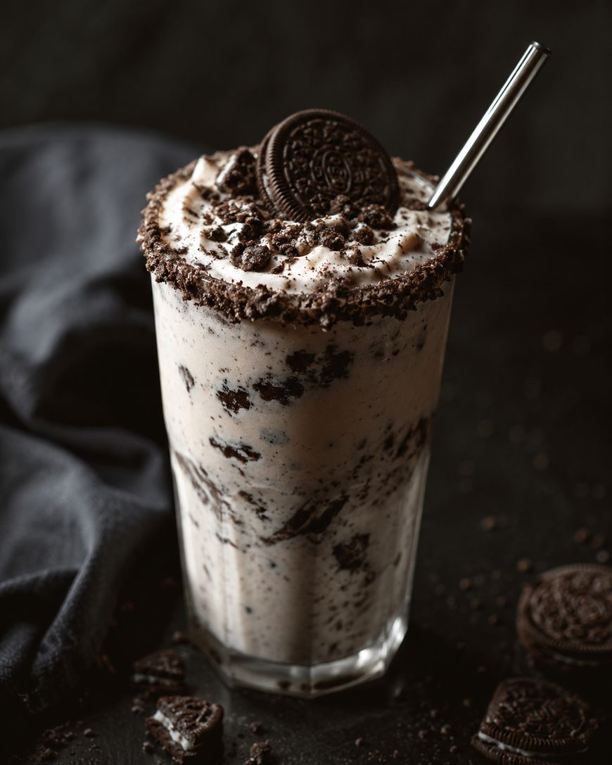 A glass filled with a cookies and cream milkshake, topped with whipped cream, crushed cookies, a whole sandwich cookie, and a metal straw, set against a dark background with cookie crumbs scattered around.