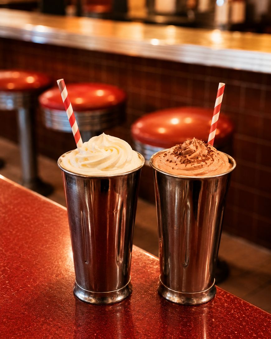 Two stainless steel cups sit on a red countertop in a retro diner, one filled with a vanilla milkshake topped with whipped cream, the other with a chocolate milkshake topped with chocolate shavings. Both have striped straws.