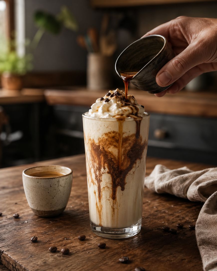 A hand pours espresso over a tall glass of iced coffee topped with whipped cream, with coffee beans scattered on a rustic wooden table and a small cup of espresso nearby.