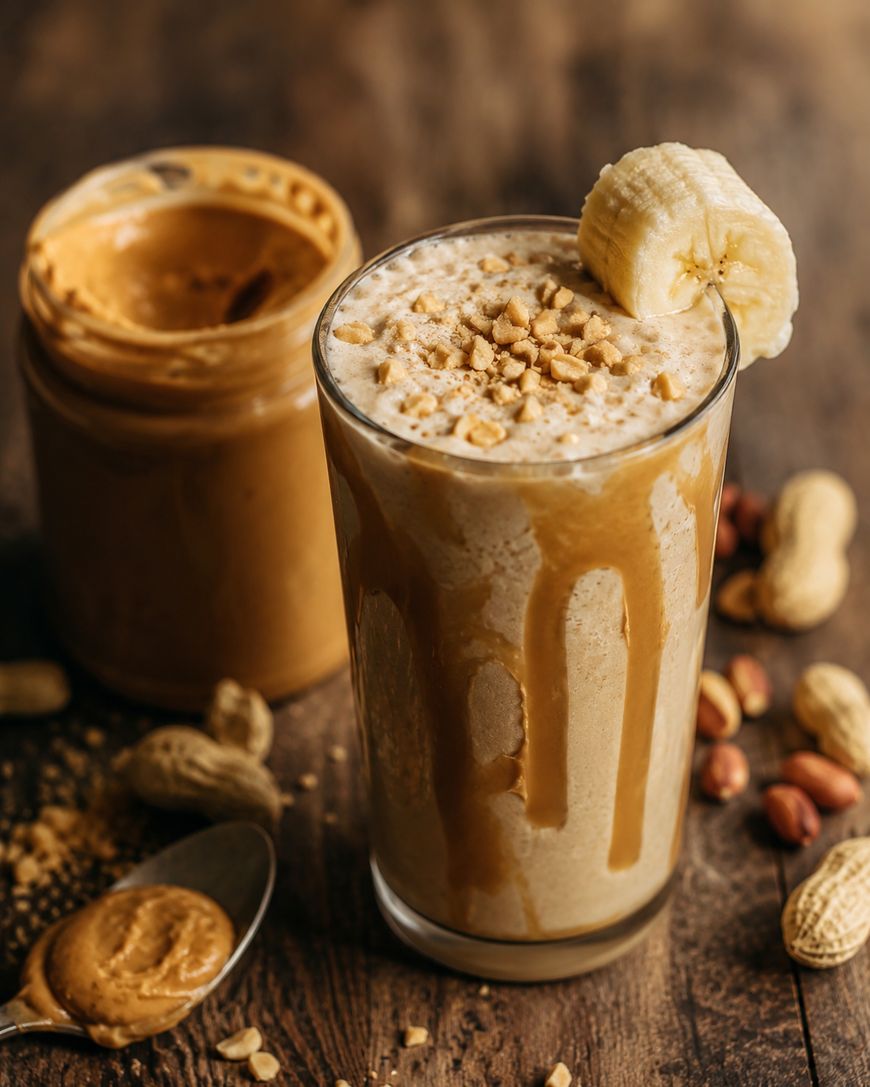 A glass of peanut butter banana smoothie topped with chopped peanuts and a banana slice, with peanut butter drips on the glass. A jar of peanut butter, a spoon, peanuts, and banana pieces are on a wooden surface nearby.
