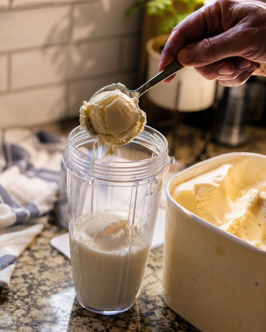 A hand scoops vanilla ice cream from a container into a blender cup that already contains milk, preparing ingredients for a milkshake on a kitchen counter.