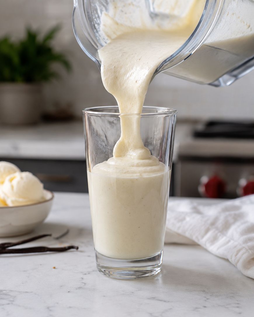 A thick vanilla milkshake is being poured from a blender into a tall glass on a kitchen counter. A bowl of vanilla ice cream, a white towel, and vanilla beans are nearby.