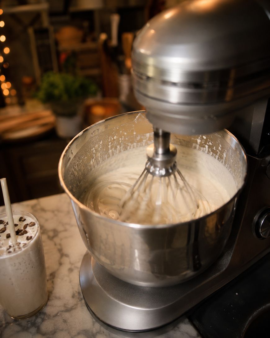 A stand mixer with a whisk attachment is blending a creamy batter in a metal bowl on a marble countertop. Next to it is a glass of iced coffee or milkshake with whipped cream and chocolate chips on top.