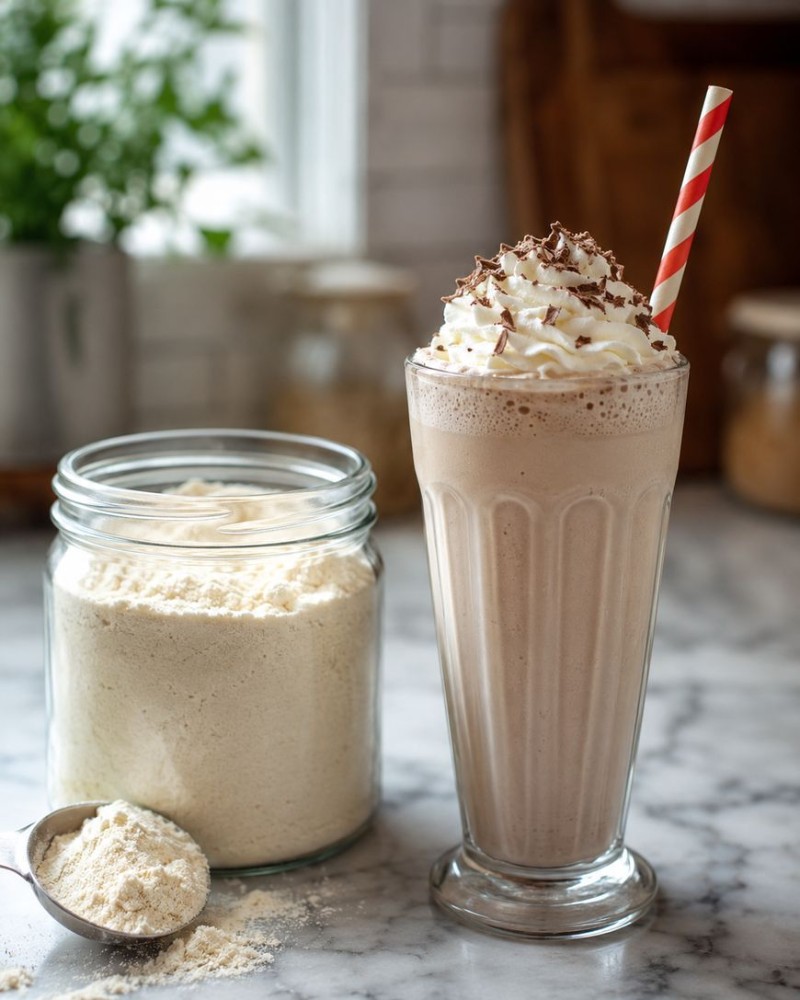 A tall glass of homemade milkshake topped with whipped cream and chocolate shavings sits beside a jar of protein powder on a marble countertop—perfect if you’re curious how to make Five Guys milkshake at home.